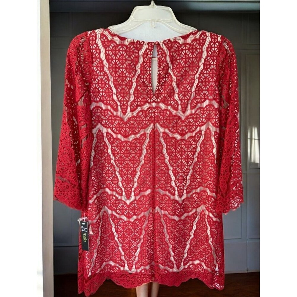 Maia Womens Designer Red Lace Scalloped Edge Shift Dress Lined Crochet NEW 2 - Picture 8 of 10